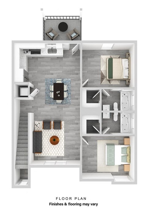 Floor plan for 2 beds, 2 baths, 958 sqft